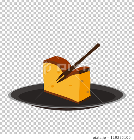 グレーのお皿に乗ったカステラを二股フォークで切ろうとするイラスト 119225100