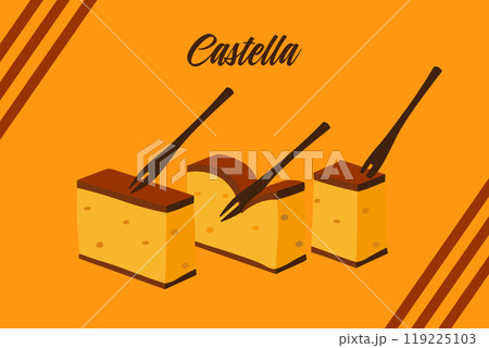 カステラと二股フォークのデザインイラスト 背景付き 119225103