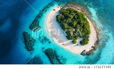Aerial view of turquoise ocean and tropical island with Water Bungalows, Atoll, Maldives. 119225386