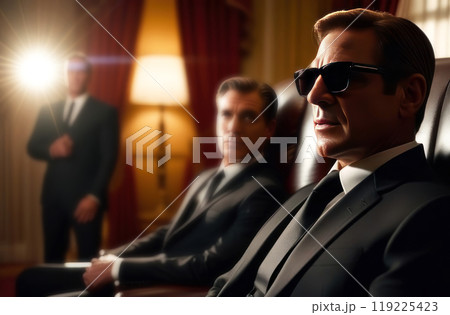 Sleek and stylish agents suited up in a dramatic, cinematic scene Sleek and stylish agents suited up in a dramatic, cinematic scene 119225423