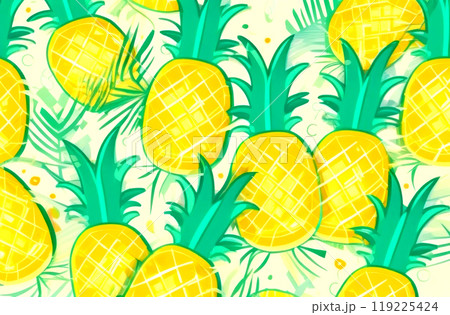 Trendy tropical pineapple pattern with vibrant green leaves and yellow fruits 119225424