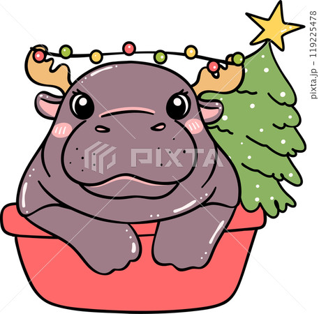 Christmas baby pygmy hippo in basin with pine tree 119225478