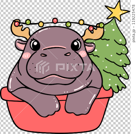 Christmas baby pygmy hippo in basin with pine tree 119225478
