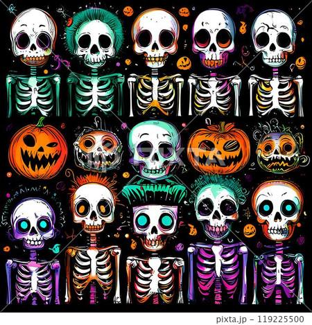 funny halloween skull and skeleton sketch, clipart on black 119225500