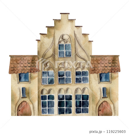 Old European city town street houses, urban exterior facades. Historical cityscape building. Watercolor hand drawn illustration. For tourist shops, souvenirs, travel brochures, architectural bureau 119225603
