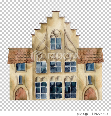 Old European city town street houses, urban exterior facades. Historical cityscape building. Watercolor hand drawn illustration. For tourist shops, souvenirs, travel brochures, architectural bureau 119225603