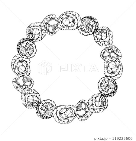 Traditional Japanese food, sushi rolls with raw fish salmon unagi tuna shrimp, california philadelphia alaska, hand drawn in vector pen and ink. Wreath frame for restaurant, cafe menu, recipe book 119225606