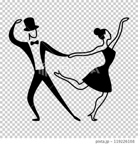 A simple line drawing of a man in a tuxedo and a woman in a dress dancing together, cut out on a transparent background 119226108