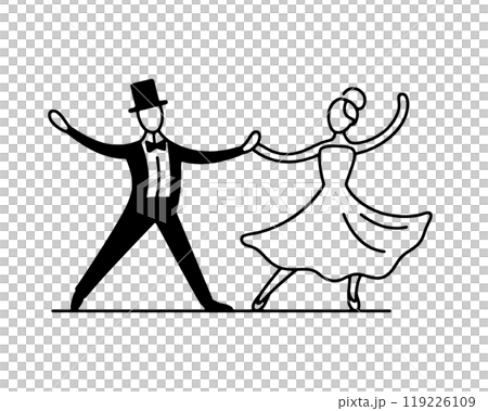 A simple line drawing of a man in a tuxedo and a woman in a dress dancing together, cut out on a transparent background 119226109