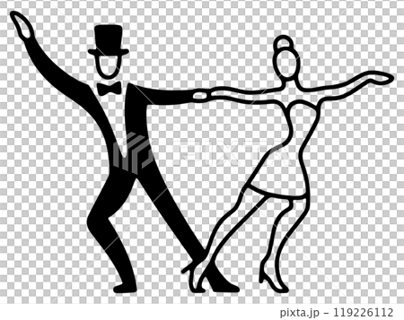 A simple line drawing of a man in a tuxedo and a woman in a dress dancing together, cut out on a transparent background 119226112