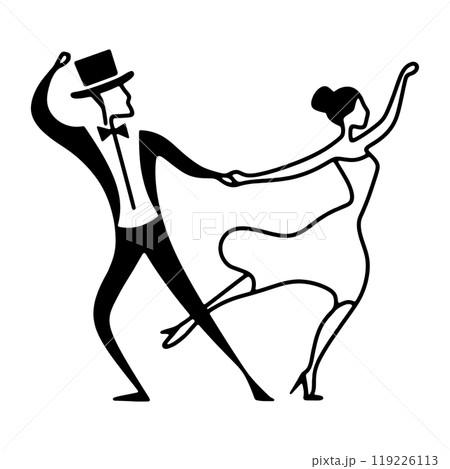 タキシード姿の男性とドレス姿のペアダンスのシンプルな線画イラスト 透過背景の切り抜き タキシード姿の男性とドレス姿のペアダンスのシンプルな線画イラスト 透過背景の切り抜き 119226113
