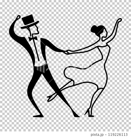 A simple line drawing of a man in a tuxedo and a woman in a dress dancing together, cut out on a transparent background 119226113