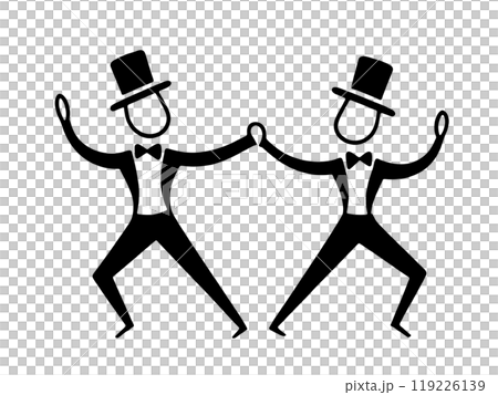 A simple line drawing of a man in a tuxedo dancing comically, cut out on a transparent background 119226139