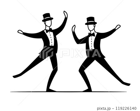 コミカルなダンスを躍るタキシード姿の男性のシンプルな線画イラスト　透過背景の切り抜き 119226140