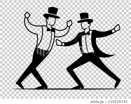 コミカルなダンスを躍るタキシード姿の男性のシンプルな線画イラスト　透過背景の切り抜き 119226142