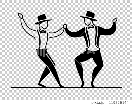 A simple line drawing of a man in a tuxedo dancing comically, cut out on a transparent background 119226144