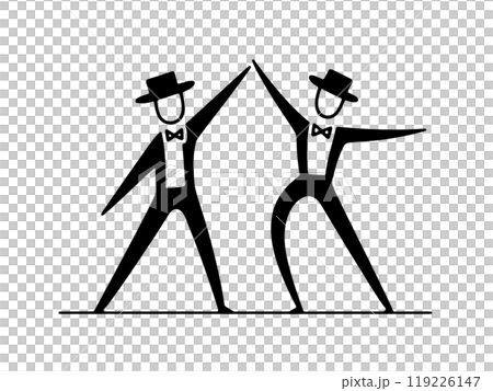 A simple line drawing of a man in a tuxedo dancing comically, cut out on a transparent background 119226147