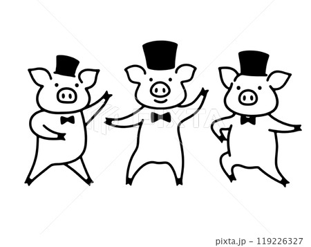コミカルなダンスを躍る豚のキャラクターのシンプルな線画イラスト　透過背景の切り抜き 119226327