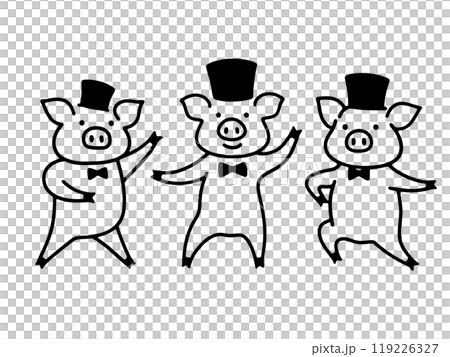 A simple line drawing of a pig character doing a comical dance, cut out on a transparent background A simple line drawing of a pig character doing a comical dance, cut out on a transparent background 119226327