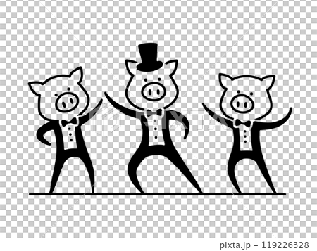 A simple line drawing of a pig character doing a comical dance, cut out on a transparent background 119226328