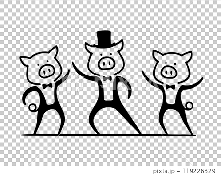 A simple line drawing of a pig character doing a comical dance, cut out on a transparent background A simple line drawing of a pig character doing a comical dance, cut out on a transparent background 119226329