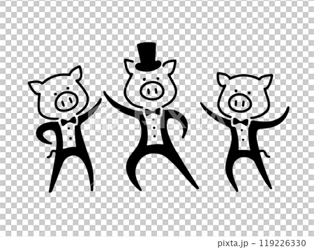 A simple line drawing of a pig character doing a comical dance, cut out on a transparent background 119226330