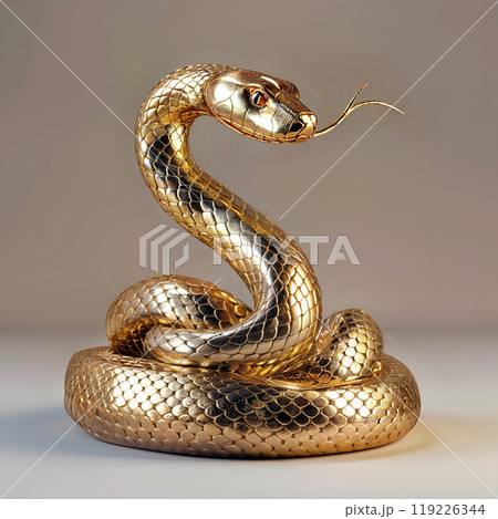 Golden snake sculpture with detailed scales and smooth texture on a neutral background. Demonstrates elegance and strength. Symbol of the Chinese New Year 2025 119226344