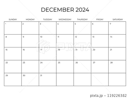 Monthly Planner December 2024. Calendar DECEMBER 2024. Week starts on SUNDAY. Blank Calendar Template A4. Vector illustration 119226382