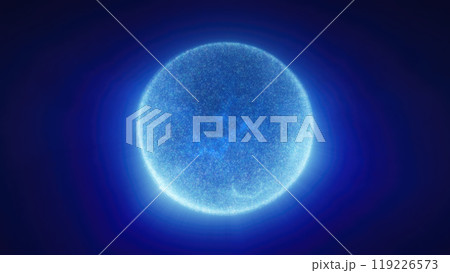 Bright blue sphere with a cosmic texture, floating against a dark background, suggesting a celestial body or energy source in deep space 119226573