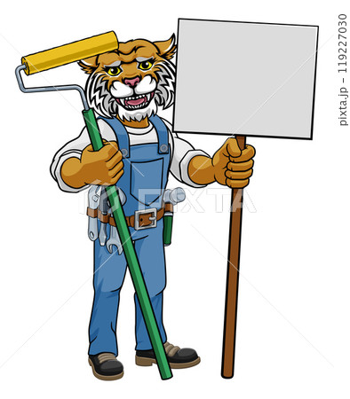 Wildcat Painter Decorator Paint Roller Mascot Man Wildcat Painter Decorator Paint Roller Mascot Man 119227030