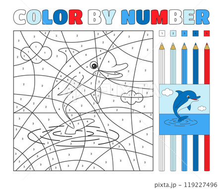 Color by number puzzle of a dolphin with colored pencils 119227496