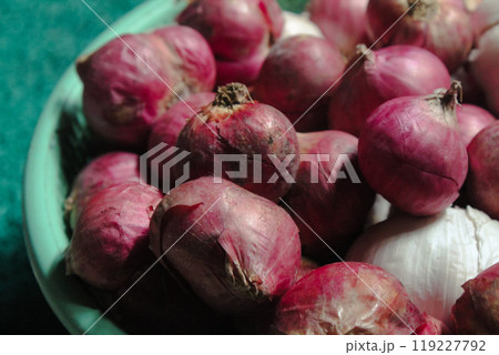 Shallots and garlic in a green container in the sun 119227792