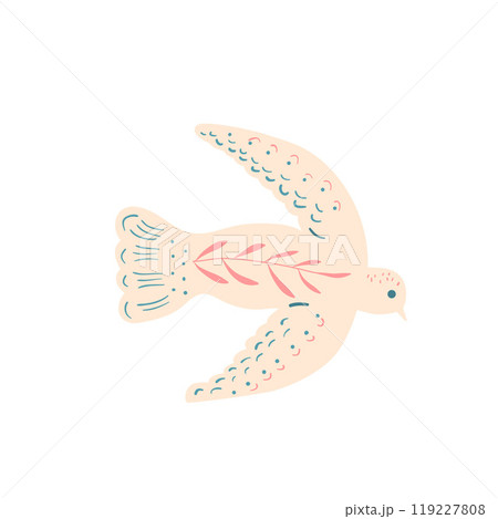 Pigeon with folk floral decoration isolated on white background. Dove of peace. Vector hand drawn illustration 119227808
