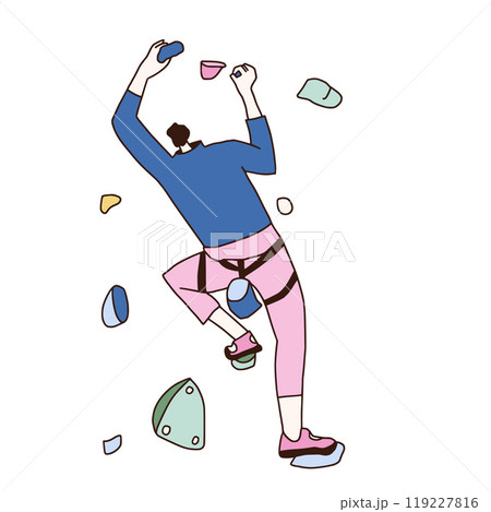 Indoor climbing activity. Climber training isolated on white background. Vector hand drawn illustration Indoor climbing activity. Climber training isolated on white background. Vector hand drawn illustration 119227816