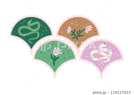 Set of scallop emblem with snakes and flowers. Reptile animal stickers. Vector hand drawn flat collection 119227833