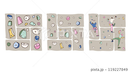 Climbing wall park posters set. Climbers training and equipment. Vector hand drawn flat illustration isolated on white background. 119227849