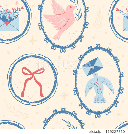 Homing pigeons seamless pattern. Carrier pigeon, bow and envelope in frames endless background. Surface retro messengers pattern design motif. Vector hand drawn illustration. 119227850