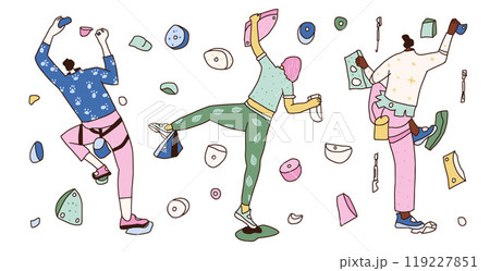 Set of rock climber. Team training on wall kit. Bouldering park. Vector hand drawn flat collection illustration isolated on white background. Set of rock climber. Team training on wall kit. Bouldering park. Vector hand drawn flat collection illustration isolated on white background. 119227851