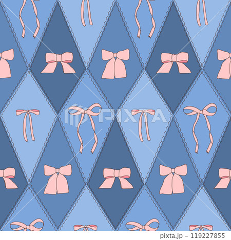 Pink bows seamless pattern. Decorative band rhombus endless background. Bowknot blue continuous ornament. Vector illustration. 119227855