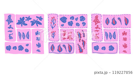 Stylized leaves, berry and plants emblems set. Hosta, geranium and various floral elements. Vibrant organic shapes in square segment. Vector hand drawn flat illustration. Stylized leaves, berry and plants emblems set. Hosta, geranium and various floral elements. Vibrant organic shapes in square segment. Vector hand drawn flat illustration. 119227856