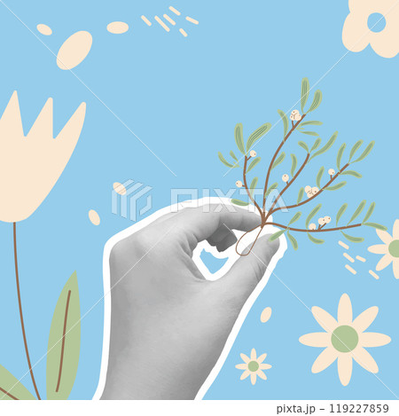 Winter holiday collage banner with hands holding mistletoe on a light blue background. Vector hand drawn flat illustration. 119227859