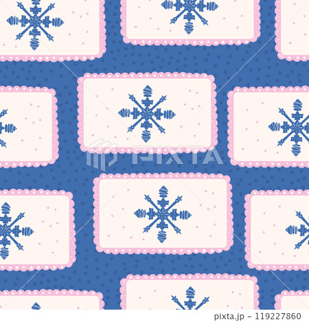Snowflake in decorative frames seamless pattern. Winter holidays endless background. Vector hand drawn illustration. 119227860