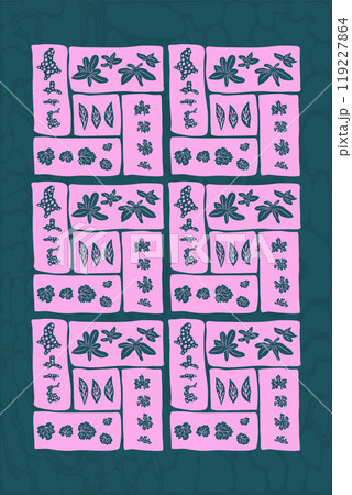 Stylized leaves, berry and plants poster. Hosta, geranium and various floral elements vibrant organic shapes in square segments. Vector hand drawn flat illustration. Stylized leaves, berry and plants poster. Hosta, geranium and various floral elements vibrant organic shapes in square segments. Vector hand drawn flat illustration. 119227864