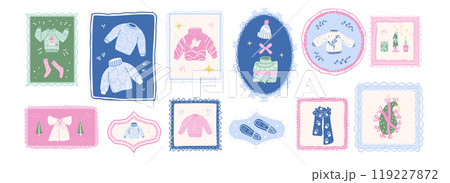 Winter holidays cozy emblems with frame. Sweaters, scarfs and baubles. Stickers with Christmas decoration. Vector hand drawn collection Winter holidays cozy emblems with frame. Sweaters, scarfs and baubles. Stickers with Christmas decoration. Vector hand drawn collection 119227872