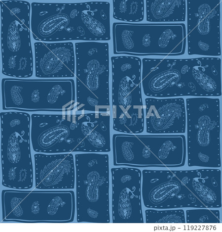 Paisley dark blue line seamless pattern. Patchwork monochrome endless background. Surface pattern design classic motif. Vector hand drawn outline illustration. 119227876