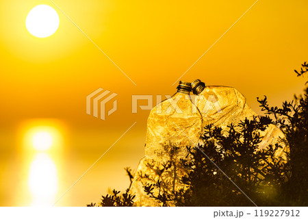 Plastic water bottle abandoned on seashore at sunrise 119227912