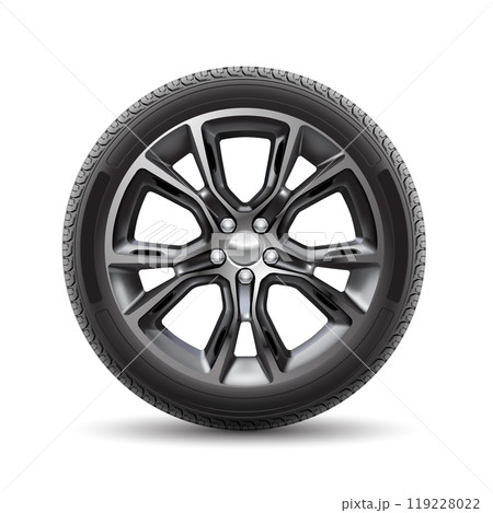 Realistic aluminum car wheel with tire style sport racing on white background vector Realistic aluminum car wheel with tire style sport racing on white background vector 119228022