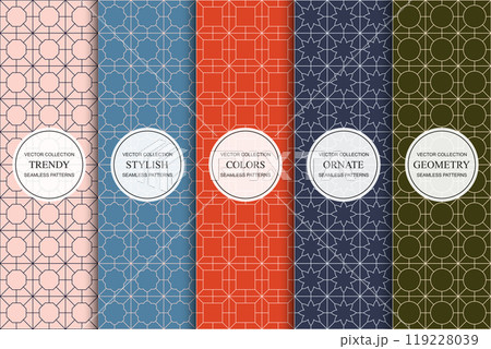 Set of bright colorful geometric seamless ornamental patterns - symmetric textures. Vector repeatable oriental backgrounds. Elegant vintage prints Set of bright colorful geometric seamless ornamental patterns - symmetric textures. Vector repeatable oriental backgrounds. Elegant vintage prints 119228039