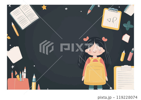 Cute school girl with backpack surrounded by stationery items Cute school girl with backpack surrounded by stationery items 119228074