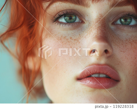 Close-up of a woman with striking green eyes and natural red hair showcasing her beauty and freckles 119228318